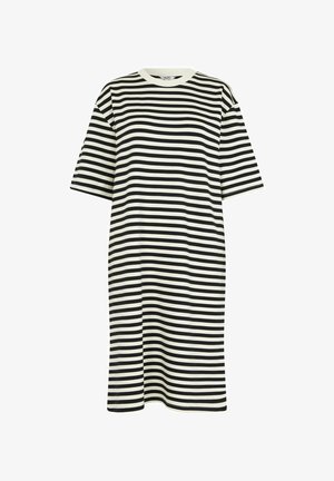 Striped t-shirt dress with short sleeves, black and white horizontal stripes, round neckline, loose fit, and mid-calf length. Smooth texture.
