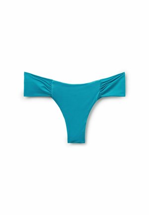 Türkisfarbener Bikini-Slip mit seitlichen Raffungen, weiten Ärmeln und minimalistischen Design. Hergestellt aus glattem, elastischem Stoff mit einem Tanga-Schnitt.