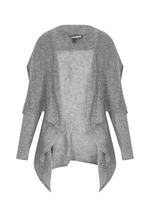 Gaišs pelēks atvērts adīts kardigans ar gariem pieguļošiem piedurknēm un pakarenu, asimetrisku apakšmalu.