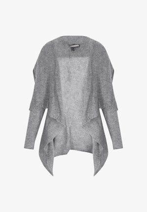 Heledad hallikas avatud ees olev kootud kardigan pikkade sobivate varrukatega ning drapeeritud, asümmeetrilise äärega.