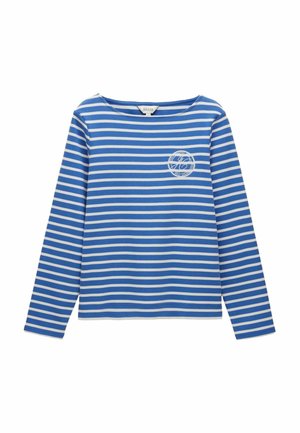 Blue and white striped long-sleeve top with a boat neckline and a graphic logo on the chest, made from soft cotton material.