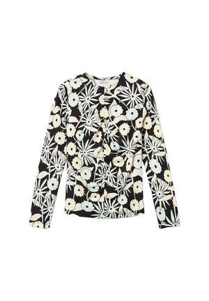 Blusa negra de manga larga con un patrón floral en azul claro y blanco, con volantes en el frente. Fabricada con tejido ligero.