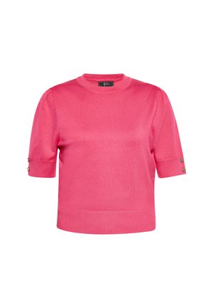 Rózsaszín kötött, rövid ujjú pulóver kerek nyakkal, bordás szegéllyel és mandzsettával, mindkét mandzsettán két gombbal díszítve.