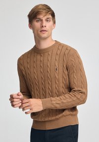 Brauner Strickpullover mit Rundhalsausschnitt, gerippten Bündchen und Saum. Mit kleinem gesticktem Logo auf der Brust.