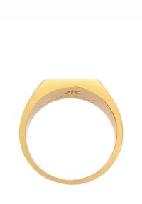 Gold ring with a flat top and smooth band. Features embossed logo detail inside and polished finish for a sleek appearance.