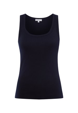 Czarny, bezrękawnik z prążkowanego dzianego materiału, z dekoltem w kształcie litery U, dopasowanym fasonem oraz małą metką marki umieszczoną na wewnętrznej stronie tyłu kołnierza.