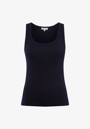 Czarny, bezrękawnik z prążkowanego dzianego materiału, z dekoltem w kształcie litery U, dopasowanym fasonem oraz małą metką marki umieszczoną na wewnętrznej stronie tyłu kołnierza.