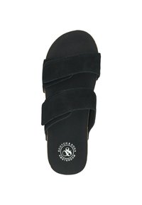 Black suede slide sandals featuring two wide straps and a cushioned footbed. The sole has a logo embossed in the center.
