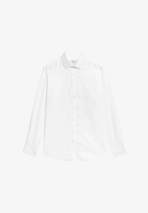 Biała koszula z długim rękawem, uszyta z gładkiej bawełny, z kołnierzykiem w szpic, pełnym zapięciem na guziki oraz mankietami z guzicznymi zapięciami.