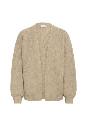 Gilet en maille beige au fit décontracté, texture côtelée, devant ouvert et manches longues. Sans fermetures ni embellissements.