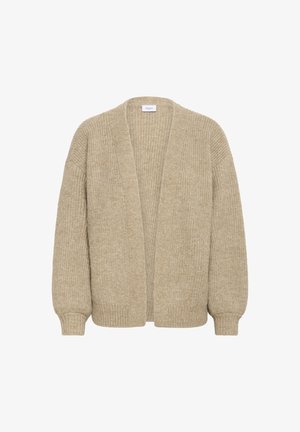 Beige Strickcardigan mit lockerer Passform, gerippter Textur, offener Vorderseite und langen Ärmeln. Keine Verschlüsse oder Verzierungen.