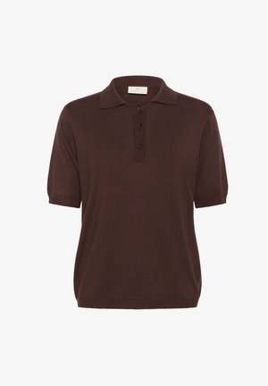 Polo shirt marrone a maniche corte, con colletto classico, patta con tre bottoni e tessuto a maglia texturizzata. Vestibilità casual e rilassata.