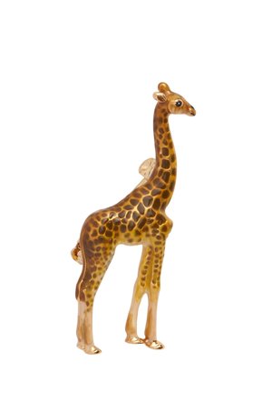 Giraffe figurine made of glass, featuring a mottled brown and yellow pattern, elongated neck, and a glossy finish. Measures approximately 7 inches tall.