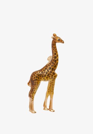 Glass giraffe figurine with a brown and gold speckled pattern, elongated neck, and detailed facial features, standing on four legs.