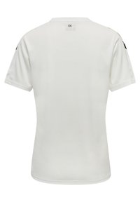 White short-sleeve shirt featuring a crew neck, smooth texture, and black accents on the shoulders. Logo printed at the back neck area.