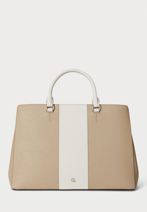 Beige structured handbag with a vertical white stripe, smooth texture, dual handles, and silver-tone hardware. Minimalist branding at the bottom.