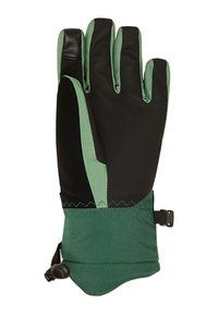 Zaļas un melnas izolētas ziemas cimdi ar regulējamu plaukstas siksnu un pastiprinātām plaukstas un pirkstu zonām.