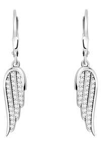 Silvriga hängande örhängen formade som stiliserade vingar, dekorerade med klara ädelstenar och med en putsad yta.