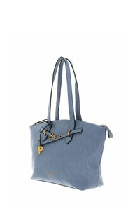 Sac fourre-tout en cuir bleu clair avec deux anses, quincaillerie dorée, détail de boucle décoratif et fermeture éclair. Présente un logo en relief à l'avant.