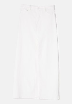White denim midi skirt with a front slit, five pockets, and belt loops. Features silver hardware and a clean, unembellished design.