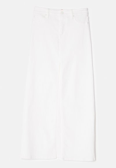 White denim midi skirt with a front slit, five pockets, and belt loops. Features silver hardware and a clean, unembellished design.