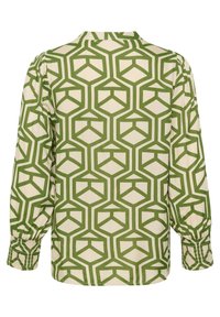 Chemise à manches longues avec un motif géométrique vert et crème, poignets froncés et coupe décontractée. Fabriquée en tissu léger.