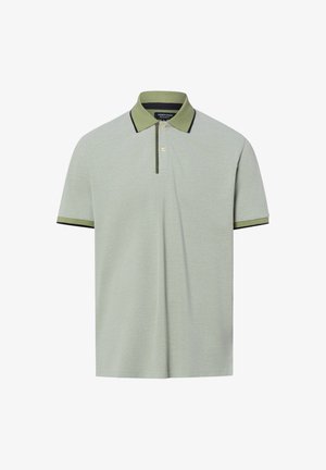 Hellgrünes Polohemd mit kurzen Ärmeln, olivgrünem Kragen, zwei Knöpfen vorne sowie olivgrünem und schwarzem Besatz an Ärmelenden und Kragen.