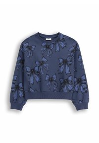 Granatowy, krótki sweter dresowy w kwiatowy wzór z kokardą, z długimi rękawami, okrągłym dekoltem oraz ściągaczami przy mankietach i u dołu.