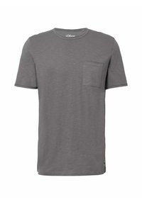 Graues Kurzarm-T-Shirt aus weichem Stoff, mit einem runden Halsausschnitt und einer Brusttasche. Geschmeidige Textur mit einem lässigen Design.
