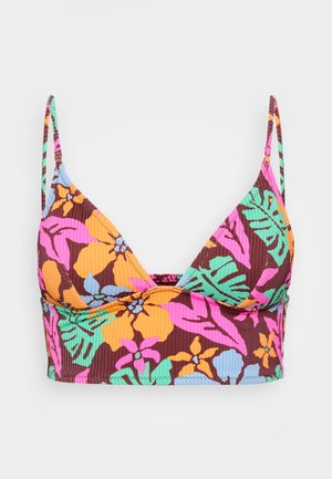 Monivärinen bikinitoppi, jossa on uurrettu pinta, kukkakuvio vaaleanpunaisen, oranssin, vihreän ja sinisen sävyissä, säädettävillä olkaimilla.