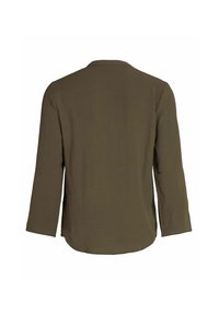 Veste vert olive à manches longues vue de dos, avec un col simple et un ourlet légèrement incurvé.
