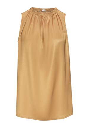 Sleeveless top in metallic gold fabric. Features gathered neckline, smooth texture, and slightly loose fit. Hem finishes at hip length.