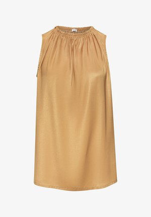 Haut sans manches en tissu doré métallique. Présente un col froncé, une texture lisse et une coupe légèrement ample. L'ourlet se termine au niveau des hanches.