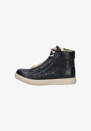 Scarpa alta in pelle blu con accenti crema, superficie textured e suola beige. Presenta un design con lacci e dettagli di cucitura lungo i lati.