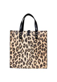 Borsa a tracolla con stampa leopardata realizzata in materiale sintetico testurizzato beige e nero, dotata di manici neri e borchie dorate nella parte superiore.