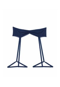 Navy-blauer Bandeau-Top mit gerafftem Mittelteil und langen, verstellbaren Trägern, die eine dreieckige Basis bilden. Hergestellt aus glattem, dehnbarem Stoff.