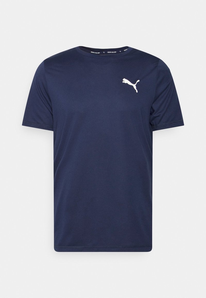 Námořnická modrá tričko s krátkým rukávem vyrobené z lehké látky, s bílým logem Puma na levé části hrudníku a kulatým výstřihem.