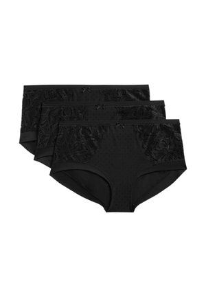 Zwart ondergoed set van drie met kantaccenten op de tailleband, een gepolka dottextuur en een gladde afwerking. Een strikdetail op elke slip.