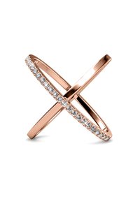 Anello incrociato in oro rosa con una fila di pietre trasparenti tagliate a forma rotonda lungo una fascia. Superficie liscia e riflettente con finitura lucida.