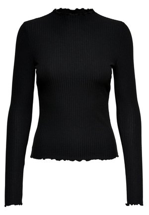 Black ribbed long-sleeve top with a high neckline, featuring a wavy hem and snug fit, made from stretchable material.