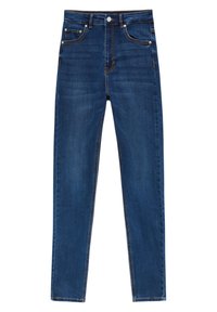 Blå denimjeans med hög midja, slim fit, femficksdesign och orange sömnad längs sömmarna. Mjuk textur, utan mönster.