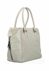 Borsa a tracolla sintetica grigia chiara con finitura lucida, due manici superiori, tasca laterale con zip e design strutturato.