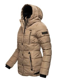 Beige padded jacket with a hood, featuring zippered pockets, elastic cuffs, and a logo patch on the sleeve. Textured surface with quilted design.