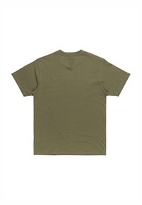 Olivenfarbene Baumwoll-T-Shirt, kurze Ärmel, Rundhalsausschnitt, schlichtes Design, weiche Textur, keine sichtbaren Grafiken oder Muster auf der Rückseite.