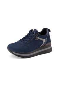 Sneaker blu navy con laccio frontale, zip laterale, dettagli argentati e suola spessa nera e grigia, inclinato a sinistra su sfondo bianco.