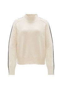 Cremfarbener Rollkragenpullover mit gerippten Bündchen und Saum, gestrickte Textur, schwarze Seitenstreifen und entspannte Passform.