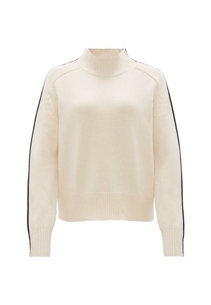 Cremfarbener Rollkragenpullover mit gerippten Bündchen und Saum, gestrickte Textur, schwarze Seitenstreifen und entspannte Passform.