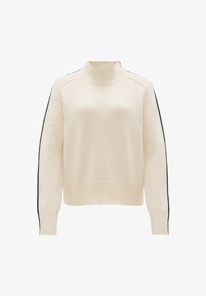 Cremfarbener Rollkragenpullover mit gerippten Bündchen und Saum, gestrickte Textur, schwarze Seitenstreifen und entspannte Passform.