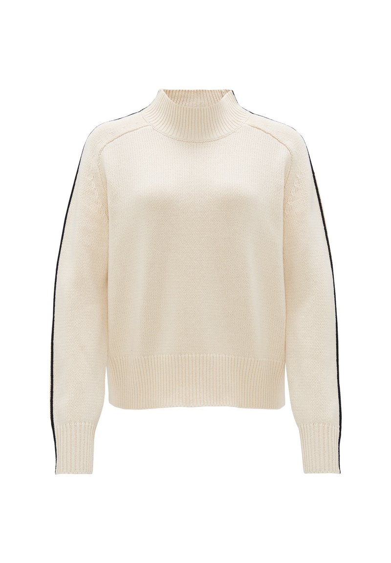 Cremfarbener Rollkragenpullover mit gerippten Bündchen und Saum, gestrickte Textur, schwarze Seitenstreifen und entspannte Passform.