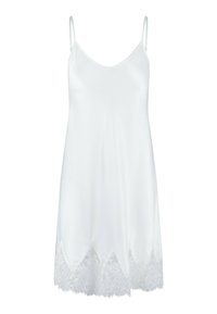 Abito sottoveste bianco in satin con spalline sottili e dettagli in pizzo ondulato all'orlo. Texture liscia, design semplice e silhouette elegante.